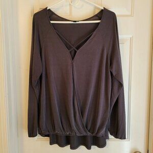 Torrid Dark Gray semi-sheer LS top with open front and X detail at neck, size 2X
